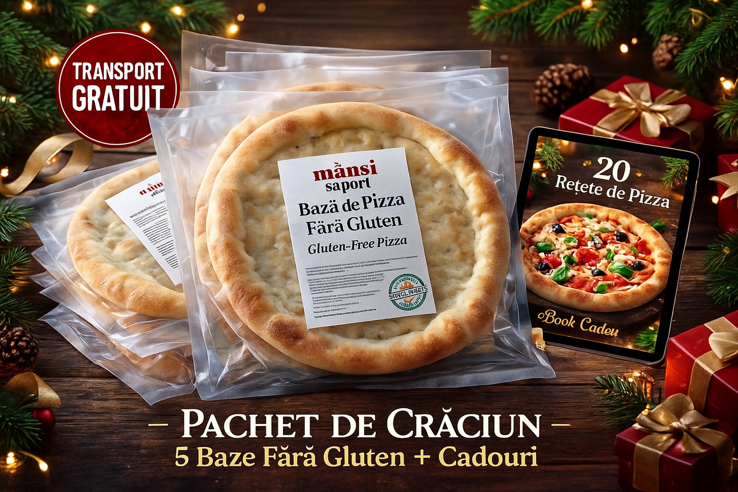 🍕 Pachet de Crăciun – 5 Baze de Pizza Fără Gluten + eBook Cadou